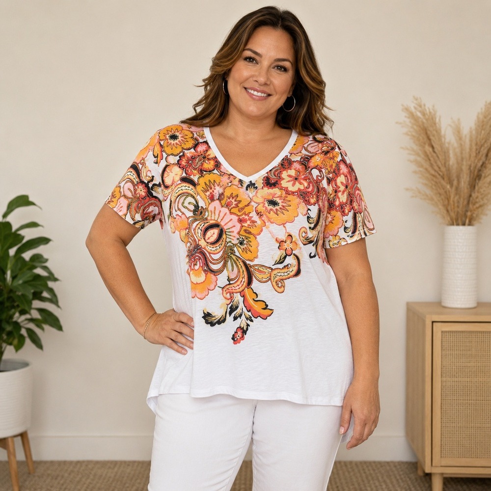 Chico's Women White Orange Floral Paisley V-Neck Slub Knit‎ Top Size 4 XXL